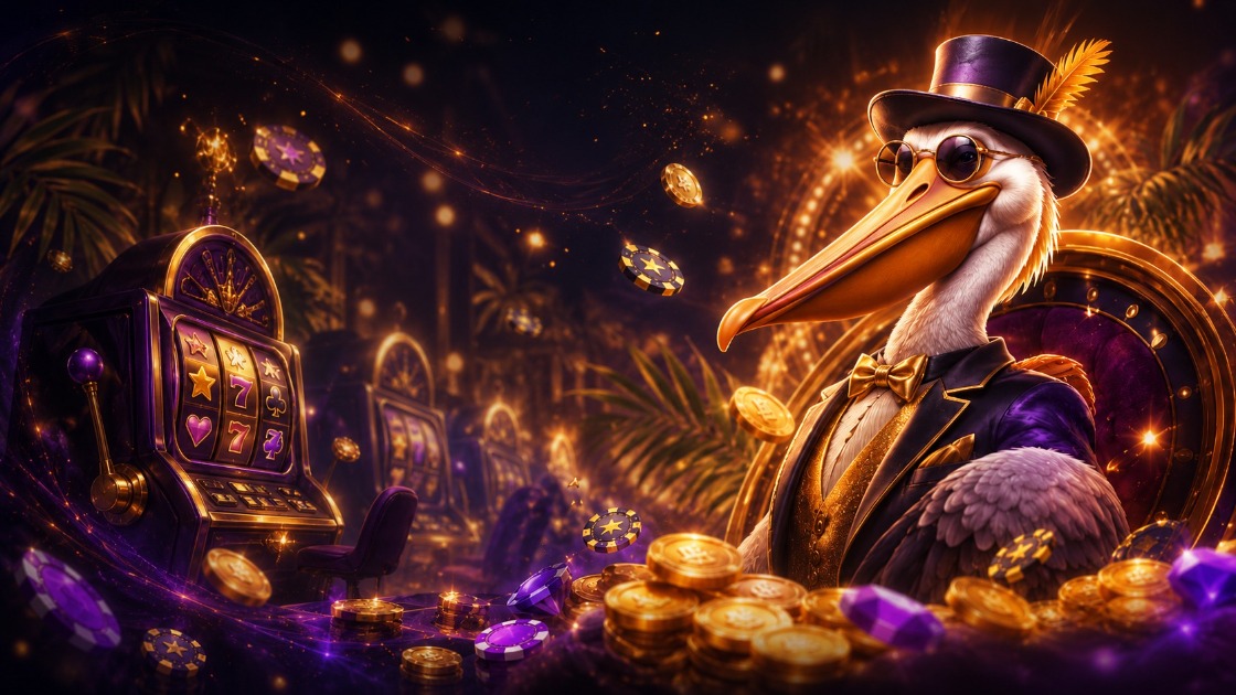 Pelican Casino PL z eleganckim pelikanem, automatami do gry, złotymi monetami i fioletowymi żetonami kasynowymi